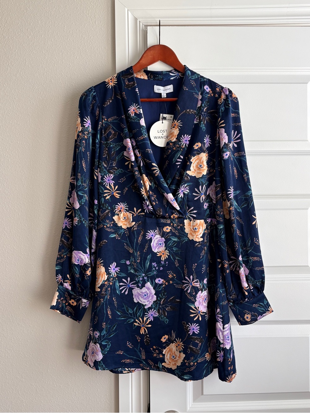 NWT Lost + Wander Eva Floral Faux Wrap Mini Dress Navy S purple